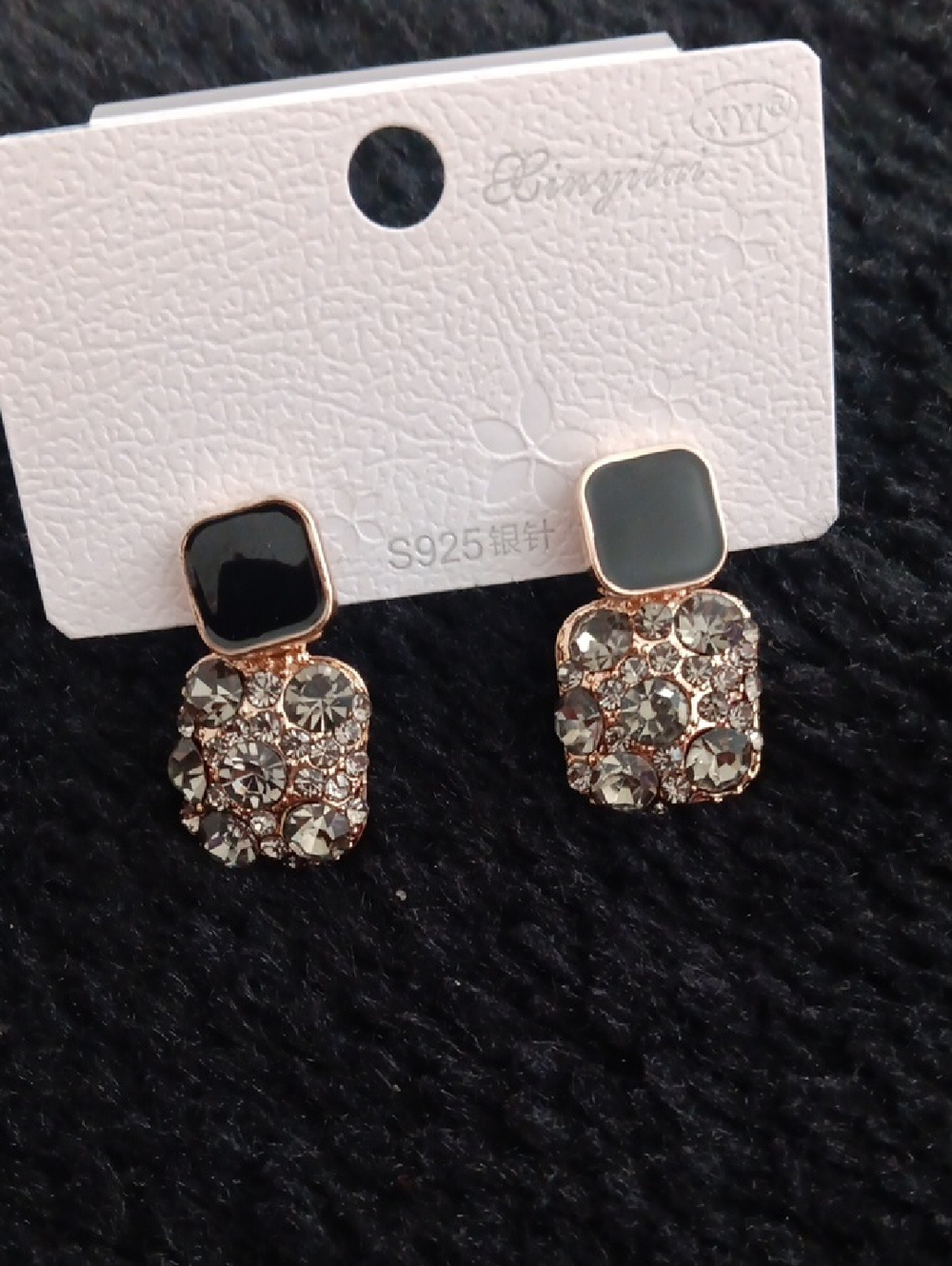 S925 Gold Tone Black and Crystal Drop Earrings